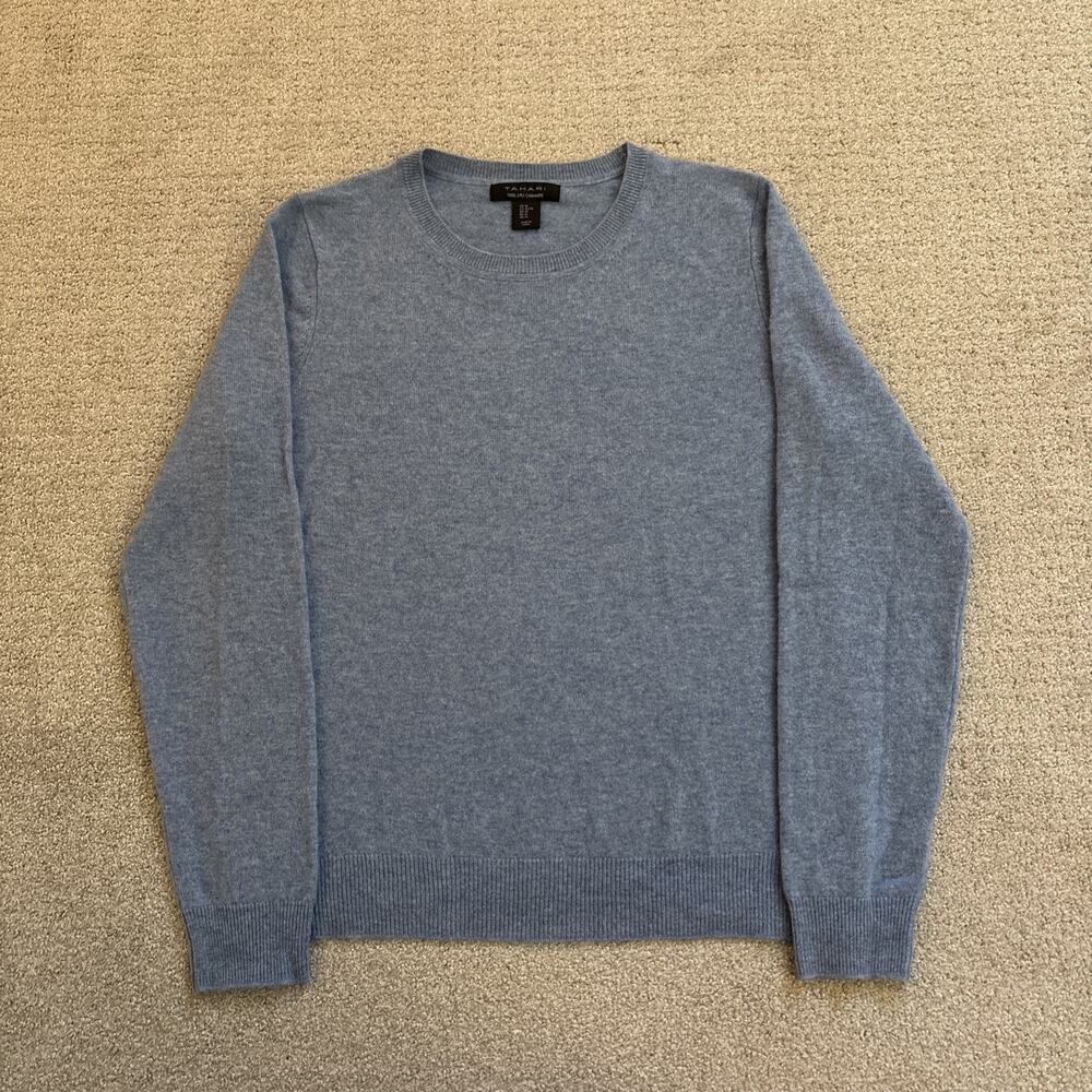 Tahari 100% 2 Ply Cashmere Sweater Women’s Size XL Blue Crew Neck Pullover